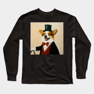 Fancy Corgi Vintage Style Portrait With Top Hat Bowtie and Cane Long Sleeve T-Shirt